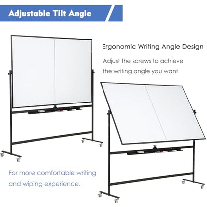 Large Magnetic Mobile Whiteboard 60"x48", Rolling Double Sided Stand Whiteboard on Wheels, Reversible Adjustable Height/Angle Dry Erase Board 5' x 4' Easel White Board for Office Classroom, Black - color: Black, size: 60" x 48"
