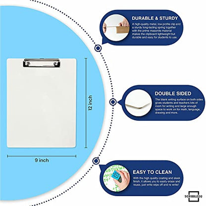SCRIBBLEDO Dry Erase Clipboard Double Sided 9x12 with Erasers 30 Pack | 30 Clipboards And 30 Erasers Included, Double Sided Hardboard Build, Reinforced Clip, Wipes Clean No Ghosting, Ready To Use
