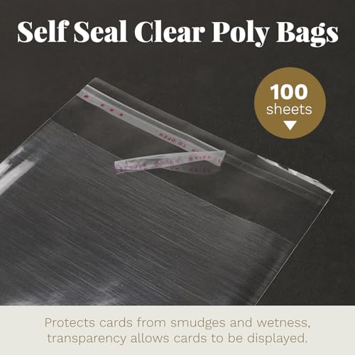 Blank White Cards and Envelopes with Clear Cello Bags, Goefun 100 Pack 5 x 7 Folded Cardstock and A7 Envelopes Self Seal for Invitations, Wedding, Birthday and DIY Greeting Cards - color: White A7 (Poly Bags), size: 5x7