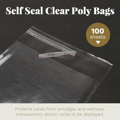Blank White Cards and Envelopes with Clear Cello Bags, Goefun 100 Pack 5 x 7 Folded Cardstock and A7 Envelopes Self Seal for Invitations, Wedding, Birthday and DIY Greeting Cards - color: White A7 (Poly Bags), size: 5x7