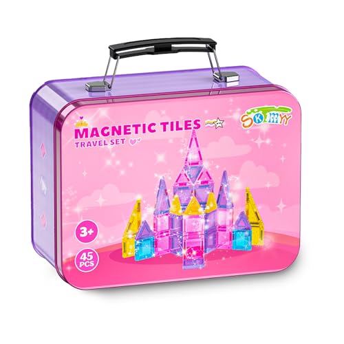 SKTMYY Travel Magnetic Tiles Set for Girls,Pink Mini Portable Magnet Toys with Iron Case,Travel Toys for Kids Ages 4-8,Ideal Toddler Birthday Valentines Day Gifts - style: Girls Magnetic Tiles