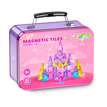SKTMYY Travel Magnetic Tiles Set for Girls,Pink Mini Portable Magnet Toys with Iron Case,Travel Toys for Kids Ages 4-8,Ideal Toddler Birthday Valentines Day Gifts - style: Girls Magnetic Tiles