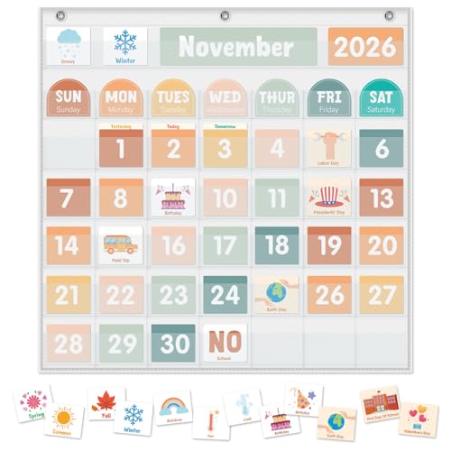 Large Calendar Pocket Chart, Calendar Learning Classroom Calendar Pocket Chart with 115 Cards for Classroom Calendar and Weather Pocket Chart for Home Kindergarten Learning(White) - color: white