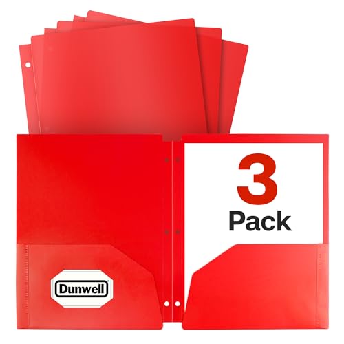 Dunwell Plastic 2-Pocket Folders for 3-Ring Binders, (3 Pack, Red) 3 Hole Punched, Divider Folder for Notebooks, Long Lasting Poly, Fits 8.5x11 Sheets, Includes Labels - color: Red, size: 3 Pack