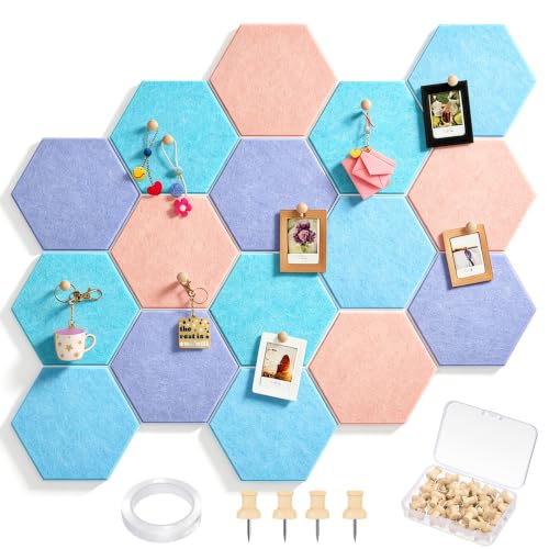 Mindsoft 6.7 x 5.9 in 16 Pcs Hexagon Cork Board Tiles with 50 Wooden Push Pins, Cork Boards for Wall, Felt DIY Tiles with Nano Tape, Pin Board for Office Classroom Home Photo Memo Note (Pastel) - color: Pastel, size: 6.7 x 5.9 in