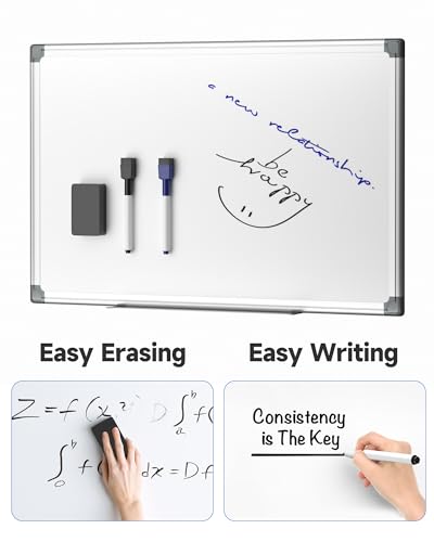 Magnetic White Board Hanging 18" x 12" for Wall, Small Dry Erase Board for Kids, Kitchen, Office, Includes 1 Eraser, 2 Markers, 4 Magnets, Pen Tray, Silver Aluminum Frame