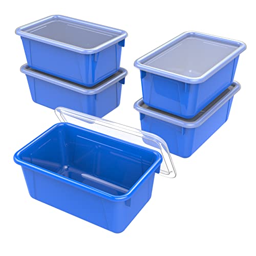 Storex Small Cubby Bins – Plastic Storage Containers for Classroom with Non-Snap Lid, 12.2 x 7.8 x 5.1 inches, Blue,(62408U05C) (Pack of 5) - color: Blue, style: Bin with Cover
