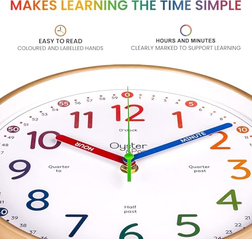 Oyster&Pop Kids Clock - Silent 10" Analog Clock, Learning Wall Clocks - Award-Winning Telling Time Teaching Clock for Kids - Bedrooms Homeschool & Classrooms - Includes eBook - color: Rainbow, size: 10 inch