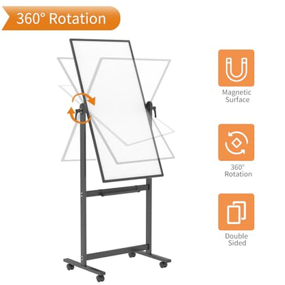 VIZ-PRO Double-Sided Magnetic Mobile Whiteboard, 48 x 24 Inches, Black Aluminium Frame and Stand - size: 48"W x 24"H