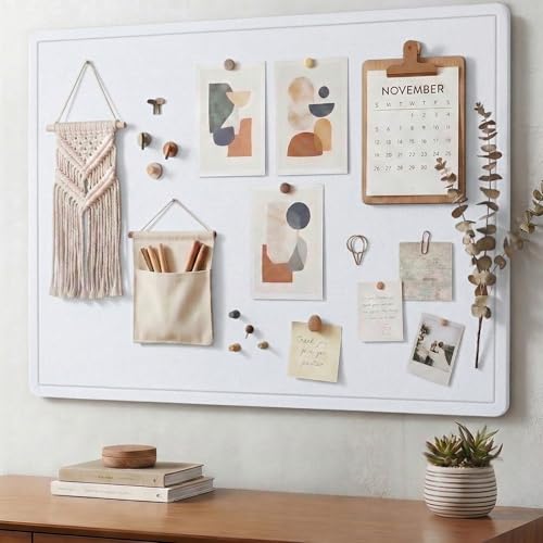 AKTOP Bulletin Board, 24" x 16" Foldable Felt Notice Pin Board for Wall, Decorative CorkBoard Photo Display Board with Self-Adhesive Tape, Vision Board Cork Board Alternative with 25 Pushpins - White - color: White, size: 24" x 16"