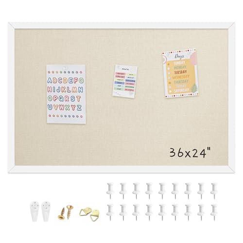24x36 Inch Cork Board for Wall Hanging with Linen, Bulletin Board with Push Pins, Mounted Memo Message Board for Home Office Decor, Dorm Room Essentials, Classroom Organization - color: Natural Wood Frame, size: 36*24inch