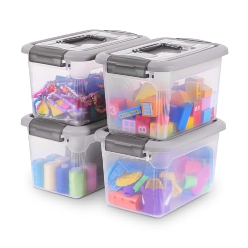 Citylife 4 Packs 6 QT Plastic Storage Bins with Latching Lids Stackable Storage Containers for Organizing Clear Storage Box for Garage, Closet, Kitchen - size: 6.0QT, style: 4 PACK GREY