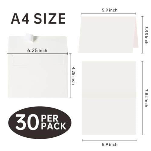 70 Packs A4 Envelopes, White, 4x6 Photo, Self Seal for Invitations, Weddings, Baby Shower, Photos, Postcards, Greeting Cards, Mailing (Cream White, 30 Pack A4(4.72x6.50in) Cards and Envelopes) - color: Cream White, size: 30 Pack A4 (4.72x6.50in) Cards and