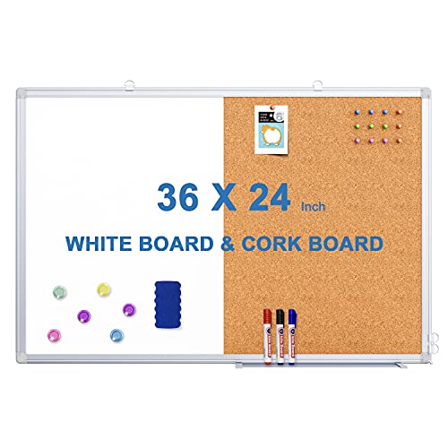 Magnetic White Board and Cork Board Combo, 36 X 24 inches Whiteboard Bulletin Combination Board, Wall Mounted Dry Erase Message Board for Home, School and Office - size: 36 x 24 inch