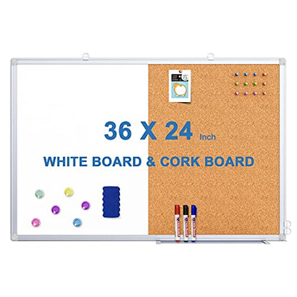 Magnetic White Board and Cork Board Combo, 36 X 24 inches Whiteboard Bulletin Combination Board, Wall Mounted Dry Erase Message Board for Home, School and Office - size: 36 x 24 inch