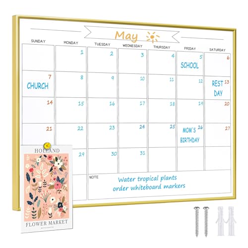 Dry Erase Monthly Calendar Whiteboard, 10.5"x 14.5" Gold Aluminum Frame, Magnetic White Board for Wall Office/School/Home, Hanging Board for Decoration/Kitchen Grocery List（YL-Gold-2737-B） - size: 11"W x 10.5"H
