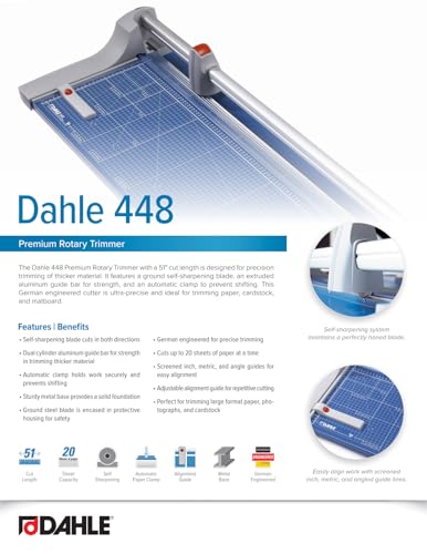Dahle 448 Premium Rotary Trimmer, 51" Cut Length, 20 Sheet Capacity, Self-Sharpening, Automatic Clamp, German Engineered Paper Cutter - size: 51" Cut Length