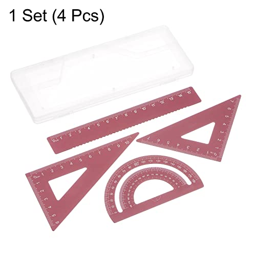 HARFINGTON 4pcs Geometry Set 15cm Metric Measure Laser Engraving Aluminum Ruler Metal Ruler Set Triangle Protractor Ruler Tool Set for Classroom, Office, Home, Red - color: Red