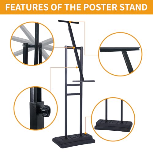 Upgraded Angled & 360° Swivel Poster Stand, Water-Fillable Weighted Base, Heavy Duty Adjustable Height Floor Sign Holder for Foam Board, Outdoor, Wedding, Business Display (Single-Sided, Black)