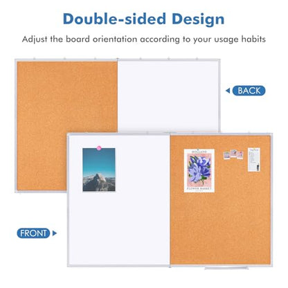 Magnetic White & Cork Board Combo 48" x 36" Aluminum Frame | Dry erase bulletin board, wall mounted or hanging. Dual-function surface for writing & pinning. Ideal for home, office, shool - size: 48 x 36 inch