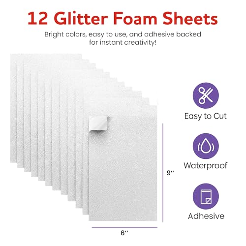 Self-Adhesive Glitter EVA Foam Sheets for Crafts – 2mm Thick 12 White Sheets, 6 x 9 Inch Peel & Stick Foam Paper for DIY, Scrapbooking & Kids’ Art (White). - color: White