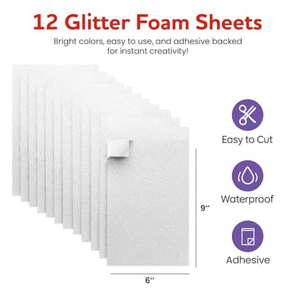 Self-Adhesive Glitter EVA Foam Sheets for Crafts – 2mm Thick 12 White Sheets, 6 x 9 Inch Peel & Stick Foam Paper for DIY, Scrapbooking & Kids’ Art (White). - color: White