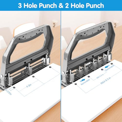 AFMAT 3 Hole Punch Heavy Duty, 9/32" Holes, 50-Sheet Hole Puncher 3 Ring, 50% Reduced Effort, Adjustable Two & Three Hole Punch, Metal Paper Puncher w/Large Chip Tray, Metal Paper Guide, Gray, HP18 - color: Gray