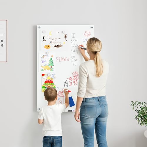 Magnetic Glass Whiteboard for Wall, 36" x 24" Large Dry Erase Board, Frameless Wall-Mounted White Board School, Classroom, Office & Home - size: 36" x 24"