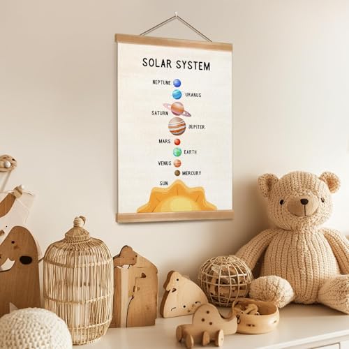 ZTGDA Solar System Poster Wall Art, Solar System Wall Decor Wood Hanger, Space Classroom Decor, Outer Space Planets Poster for Boys and Girls Nursery, Bedroom, Playroom, Toddler,or Kids Room Decor