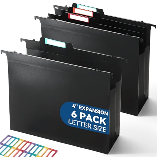 SortRax Plastic High Capacity Hanging File Folders, 4" Expansion for Bulky Documents, Side-Sealed Accordion Pocket, Supports Heavy Files, Letter Size, Movable Dividers, Insertable Tabs, 6 Pack - color: Black
