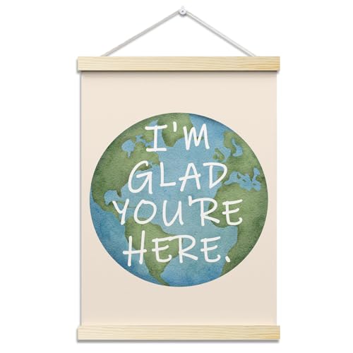 I'm Glad You're Here Posters Earth Theme Hanger Frame for Classroom Inspirational Hanging Poster for Nursery Kids Room Decor Wall Art Decor for Preschool Canvas Wall Art Print 16x12 Inches - YY032 - color: earth