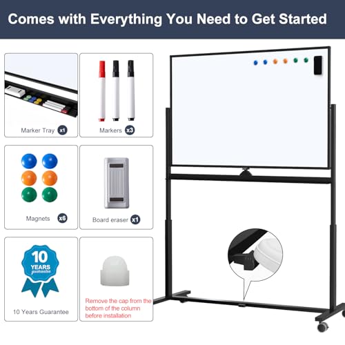 Rolling Whiteboard, 48 x 32 Inches Magnetic White Board with Stand, Double-Sided Large Standing Dry Erase Board on Wheels, Height-Adjustable Mobile Dry Erase Board for Office, Home, Classroom - color: Black - Upgraded, size: 48"x32"