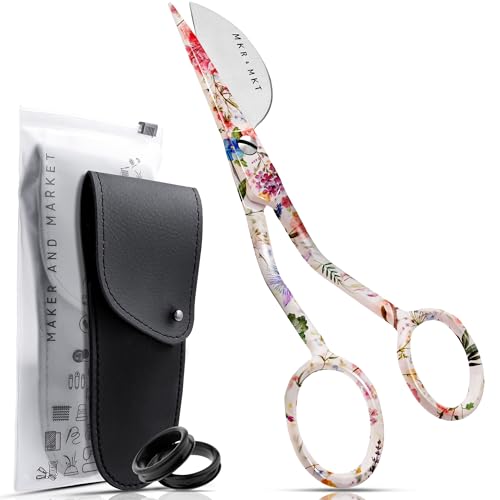 Applique Pelican Duckbill Blade 5.8 Inch - Double Bent Curved Offset Handle Scissors with Pouch Sleeve for Embroidery, Fabric, Thread, Knitting, Sewing, Arts & Craft (Floral) - style: Bent Floral