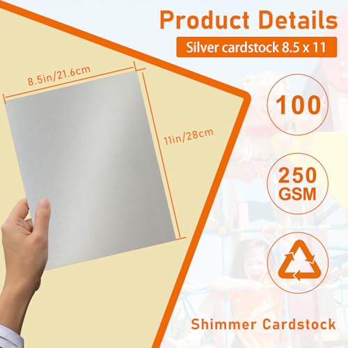 Guakicae 100 Sheets Silver Shimmer Cardstock 8.5 x 11 Metallic Paper, 92lb Heavyweight Certificate Paper Card Stock for Wedding Invitations, Crafting, Thank You Cards, Business Cards, Graduations - color: Silver, size: 100 Sheets