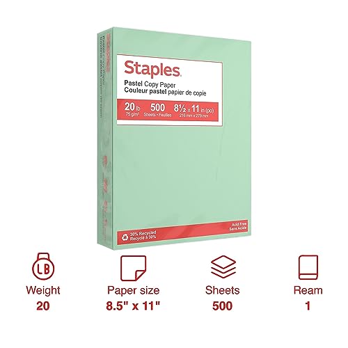 Staples 30% Recycled Color Copy Paper, 20 lbs., 8.5" x 11", Green, 500/Ream, For Office, School & Home - style: Green