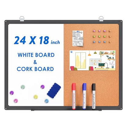 Magnetic White Board and Cork Board Combo, 24 X 18 inches Whiteboard Bulletin Combination Board, Wall Mounted Dry Erase Message Board for Home, School and Office, Black - size: 24 x 18 inch Black