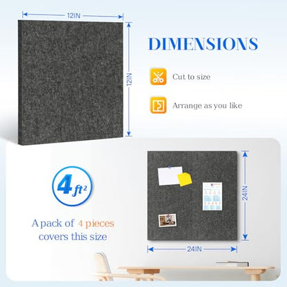 DOLLAR BOSS Felt Cork Board Tiles, 4 Packs 12" x 12" 1/2" Thick Cork Bulletin Board Self Adhesive Acoustic Panels Soundproof Corkboards for Walls with 40 Pushpins for Home Office Kitchen School, Grey | 1/2" Thick, Self Adhesive, Acoustic Soundproof Panels