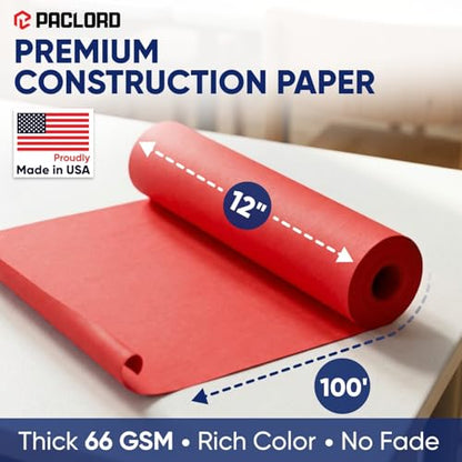 Red Construction Paper Roll 12" x 100 ft – Made in USA – 12" Bulletin Board Paper for Classroom & School, Teachers & Kids - color: Red, size: 12"W x 1200"L