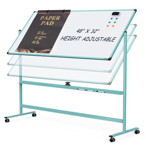 Rolling Whiteboard, 48x32 Inches Dry Erase Board with Stand, Magnetic Mobile Whiteboard on Wheels, Standing White Board for Office, School, Home, Large Double Sided White Board with Paper Pad - color: Light Blue, size: 48"x32"