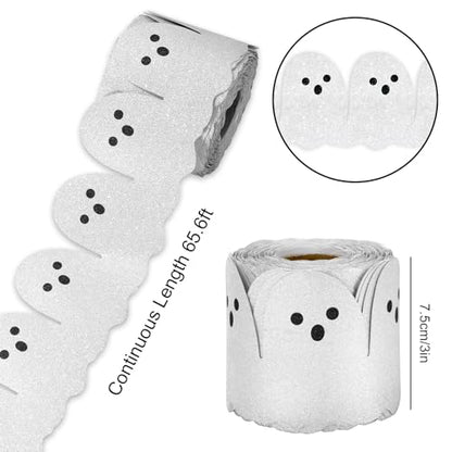 Whaline 65.6Ft Halloween Bulletin Board Border Glitter White Ghost Die Cut Trim Border Roll for Spooky Chalkboard Wall Decor - style: Ghost