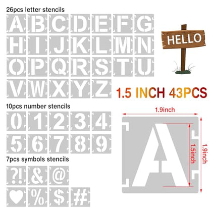 1.5 Inch Letter Stencils for Painting, 43 Pcs Reusable Alphabet Symbol Numbers Stencils Interlocking Kit for Painting on Wood, Wall, Fabric, Rocks, Chalkboard, Sign & DIY Art (1.5 inch) - size: 1.5 inch