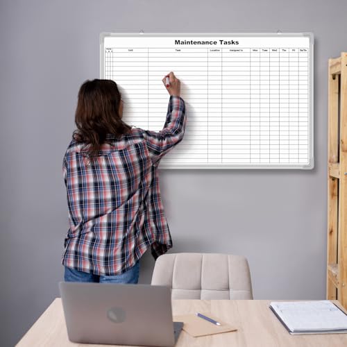 AmazingSpark Lined Whiteboard Blank Grid Aluminum Frame Dry Erase Board Reusable Wall Mounted Board for Scheduling, to Do Lists Weekly Planning Home Work (36 x 24 Inch,Horizontal Maintenance Tasks) - size: 25"W x 2"H, style: Horizontal Maintenance Tasks