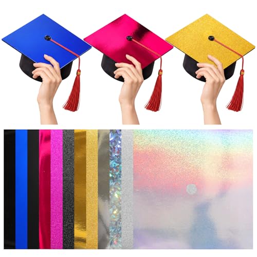 Gueevin 12 Sheets Class of 2026 Graduation Cap Decoration Kit Cardstock, 9x9 Inch Sparkly Holographic Glitter Metallic Foil Thickened Paper with Pre Cut Tassel Hole, DIY Grad Cap Topper Craft Supplies