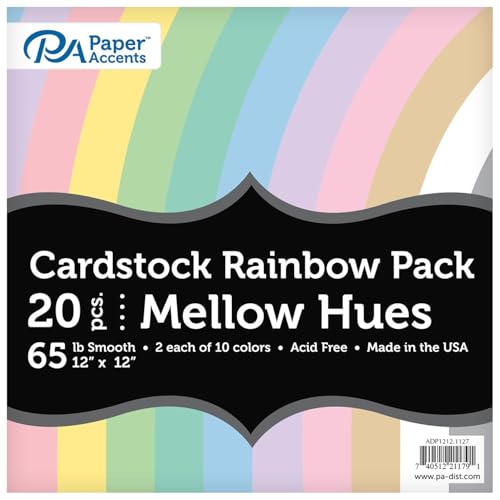 Accent Design Paper Accents Variety Pack, Rainbow Cardstock, Mellow Hues, 12x12 Inch, 20 Pack, 65lb Coordinated Color Cardstock, Scrapbooking, Card Making, and Crafts - color: Mellow Hues