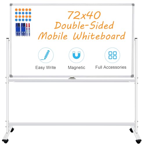 BSTPCOO Double-Sided Rolling Whiteboard on Wheels 72"x40", Large Magnetic Mobile Whiteboard with Stands, 6' x 3' Portable Dry Erase Board with Stand Up White Board with 2 Eraser, 6 Markers, 20 Magnets - color: Silver, size: 72" x 40"