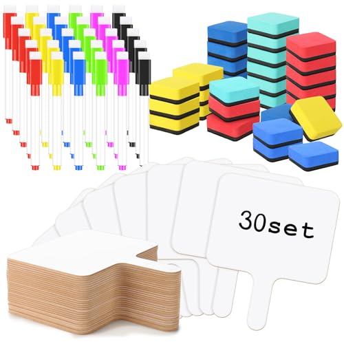 30 Pack Dry Erase Answer Paddles with Handle,Wooden 8 x 10 Inch Double-Sided Handheld Whiteboards Reusable Writing Boards with 30 Markers & 30 Erasers for Classroom Teaching & Auction Paddles Bidding