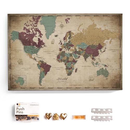 Canvas World Map with Cork Pin Board - English Lettering - Decorative Wall Decoration for All Rooms - Canvas Pictures with World Map Motif (70x50 cm, Pattern 12) - color: Design 12, size: 28" x 20"