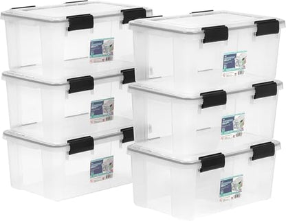 IRIS USA WeatherPro 19 Qt Storage Bins with Lids, 6 Pack, BPA-Free Plastic Gasket Box with Tight Latch and Seal, Stackable Nestable Tote Tub - Clear/Black - size: 19 Qt, style: 6 Pack