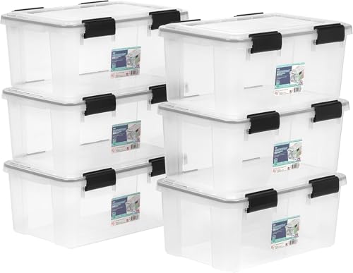IRIS USA WeatherPro 19 Qt Storage Bins with Lids, 6 Pack, BPA-Free Plastic Gasket Box with Tight Latch and Seal, Stackable Nestable Tote Tub - Clear/Black - size: 19 Qt, style: 6 Pack