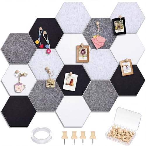 Mindsoft 12x10 in 16 Pcs Hexagon Cork Board Tiles with 50 Wooden Push Pins, Cork Boards for Wall, Felt DIY Tiles with Nano Tape, Pin Board for Office Classroom Home Photo Memo Note (Grey) - color: Grey, size: 12x10 in